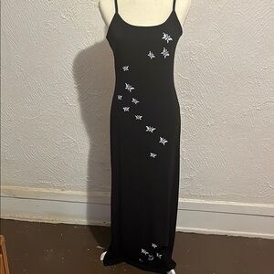 Elegant Black Maxi Dress with Blue Butterfly Details